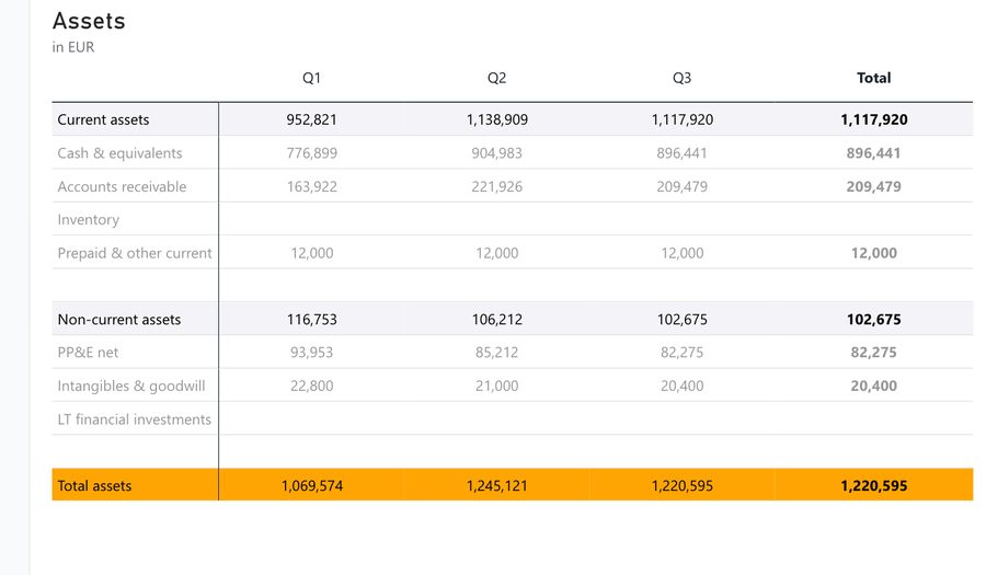 Assets breakdown by quarter with current and non-current assets and totals, the view a finance role is scoped to